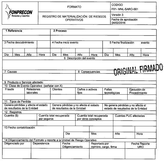 REGISTRO DE EVENTOS DE RIESGO OPERATIVO SEGUN SARO